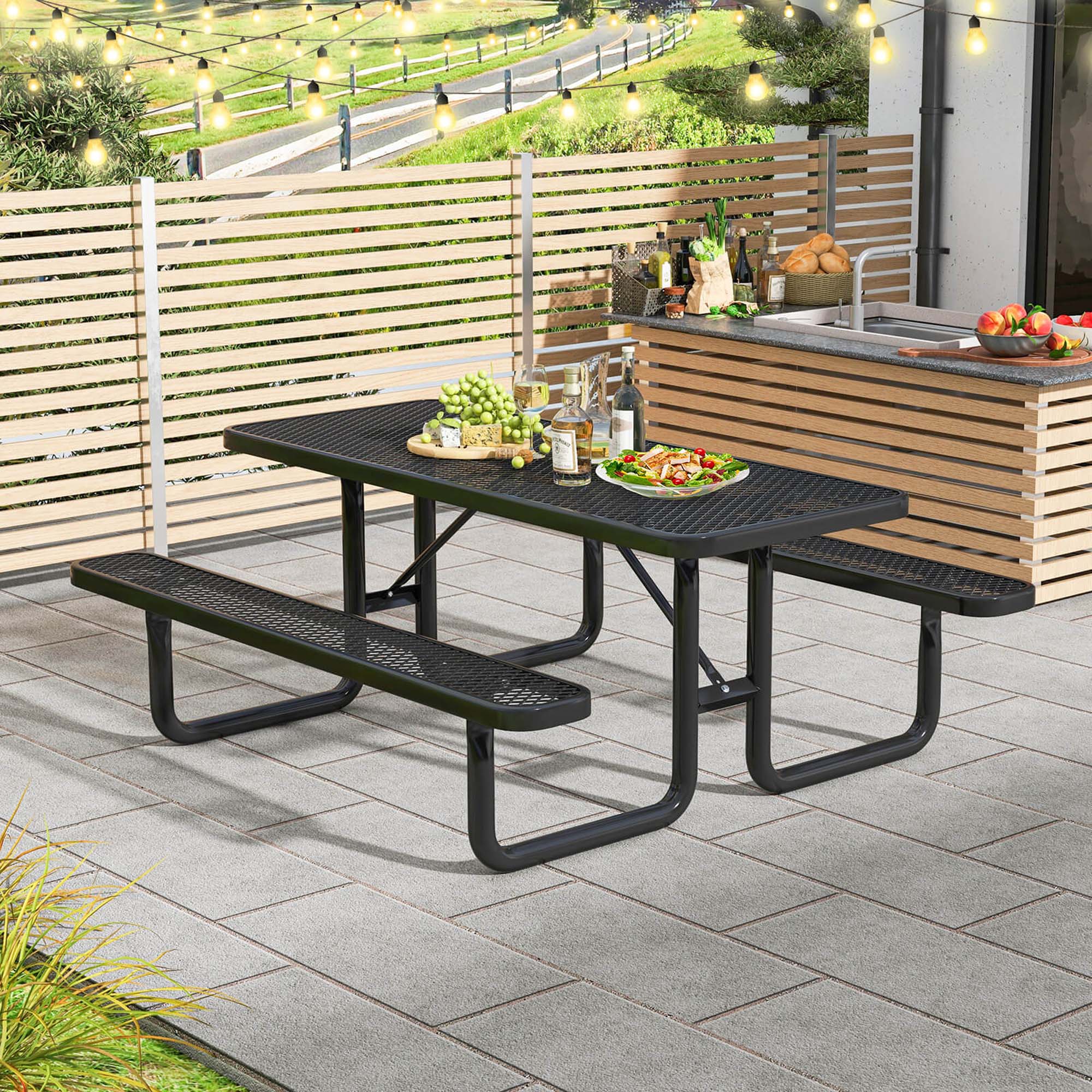 Costway - 72" Coated Steel Camping Table with Seats Outdoor Picnic Table & Bench Set for 8 - Black