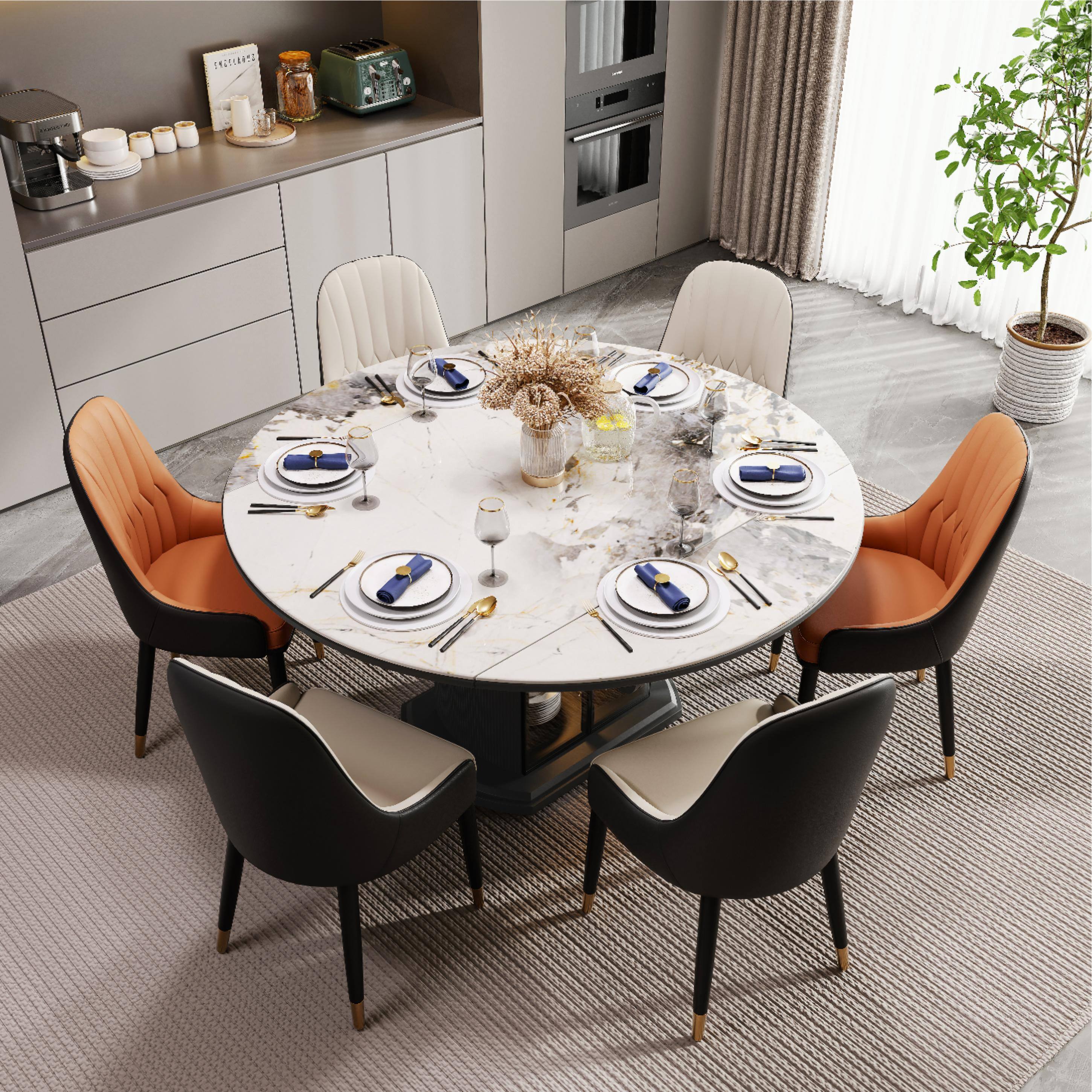Left. POVISON - Modern Orange Dining Chair (Set of 8), with PU Leather and Metal Legs - Gray & Beige PU Leather.