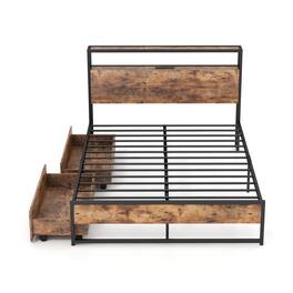 SlickBlue - Bed Frame with 2-Tier Storage Headboard and Built-In Charging Station - Rustic Brown