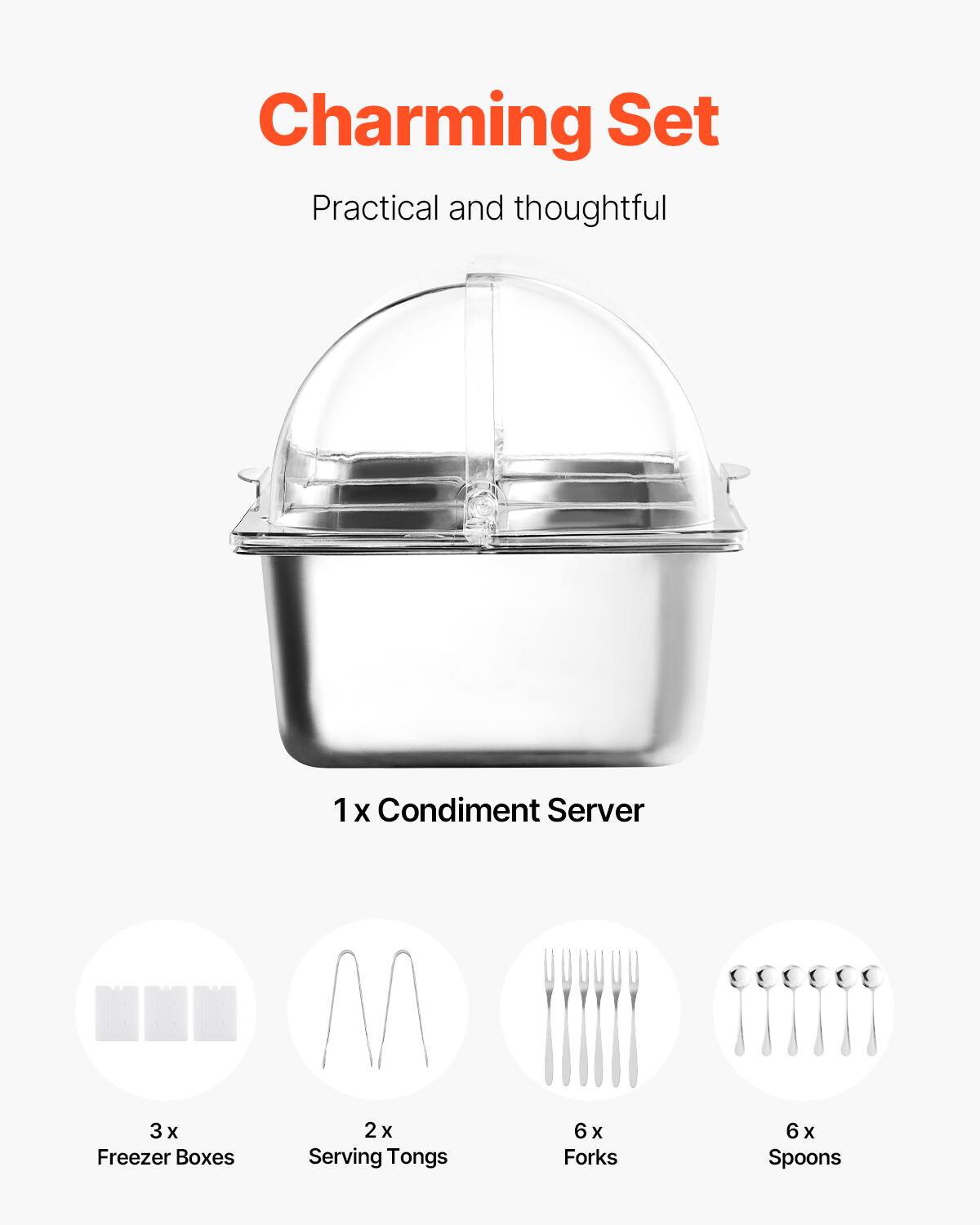 Charming Set  
Practical and thoughtful  

1 x Condiment Server  
3 x Freezer Boxes  
2 x Serving Tongs  
6 x Forks  
6 x Spoons