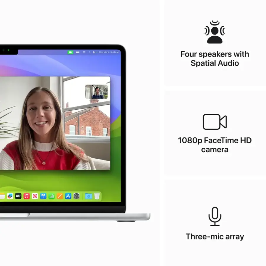 Four speakers with Spatial Audio, 1080p FaceTime HD camera, Three-mic array.