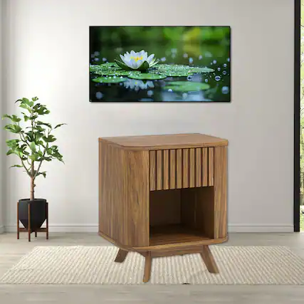 Front. Hivvago - Modern Retro Wood Night Table Featuring Drawer and Open Storage - Walnut.