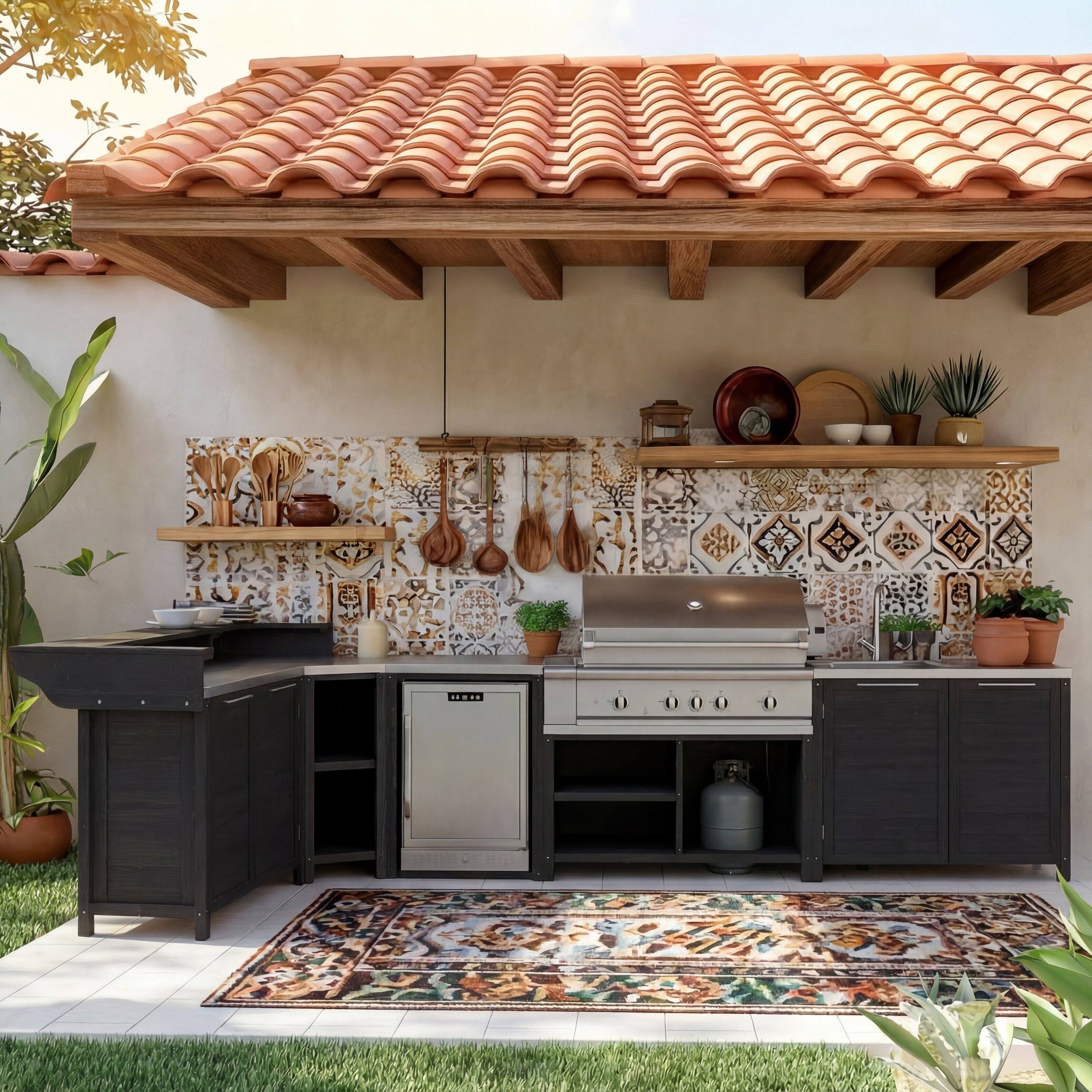 Angle. Famapy - Modular Solid Cedar Outdoor Kitchen Cabinets - All-Weather Storage with Stainless Steel Top for Patio, Grill Station - Carbon Black.