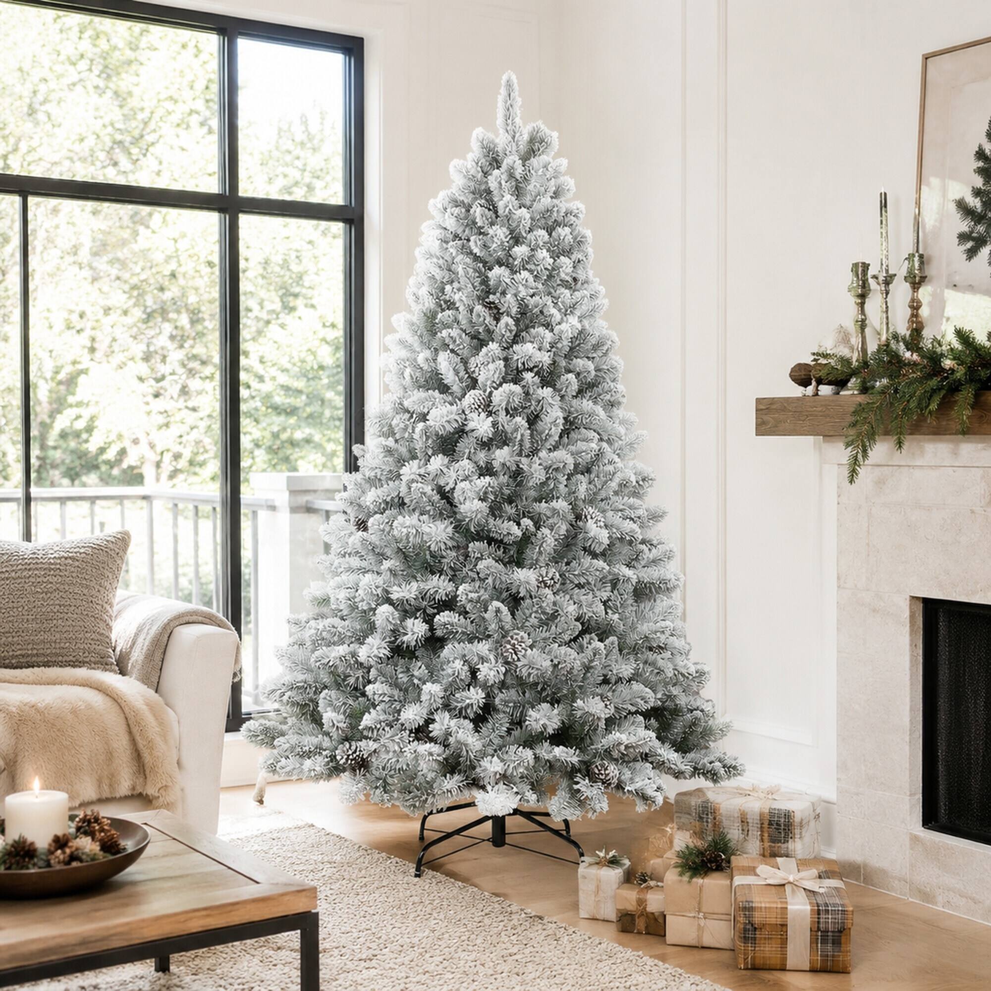 Back. RYHNUYNE - 6FT Flocked Christmas Tree With Pine Cones, 888 Snowy PVC Tips 36 Natural Pinecones Full Shape Sturdy Metal Stand - Green,White.