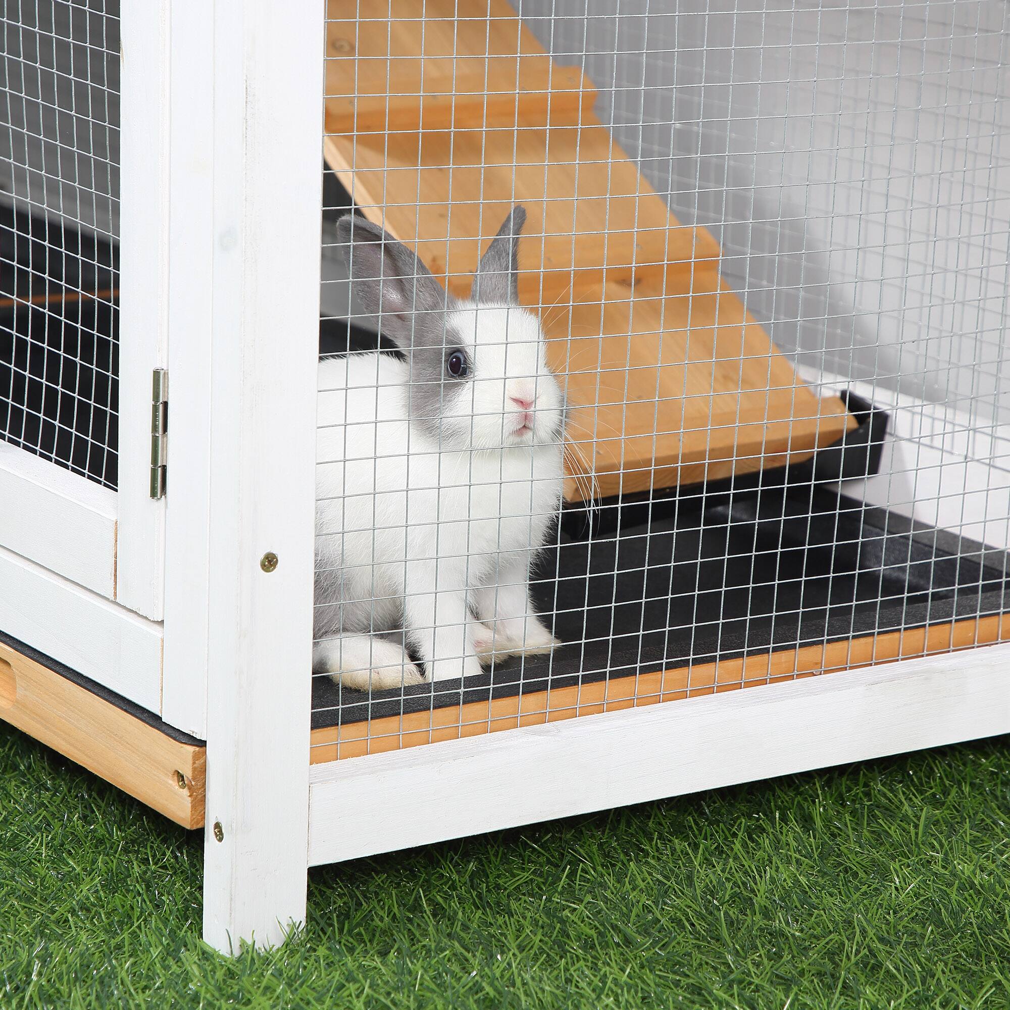 Alt View 4. Pawhut - 62" Wooden Rabbit Hutch Guinea Pig Cage, Small Animal Enclosure with Run Area, Removable Tray, Asphalt Roof, Ramp.