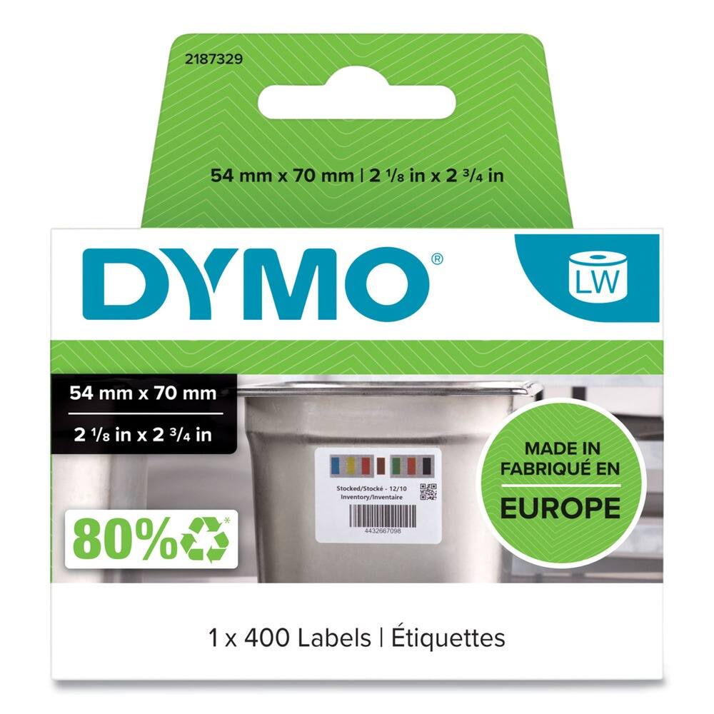 2187329  
54 mm x 70 mm | 2 1/8 in x 2 3/4 in  

DYMO  
54 mm x 70 mm  
2 1/8 in x 2 3/4 in  

80%  

Stocked/Stocké  
12/10 Inventory/Inventaire  

MADE IN  
FABRIQUÉ EN  
EUROPE  

1 x 400 Labels | Étiquettes