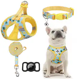 Paradigms Interiors - Plaid Dog Harness And Leash Set With Airtag Holder - Soft Padded Step In Vest Sized No Pull Reflective Puppy - Pineapple-Medium