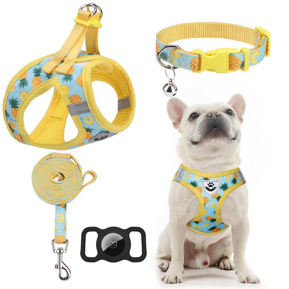 Front. Paradigms Interiors - Plaid Dog Harness And Leash Set With Airtag Holder - Soft Padded Step In Vest Sized No Pull Reflective Puppy - Pineapple-Medium.