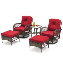 U-HOMY - 360° Swivel Rocking Patio Chairs with Cushions & Tempered Glass Table, Wicker Conversation Set, 5-Piece - Red