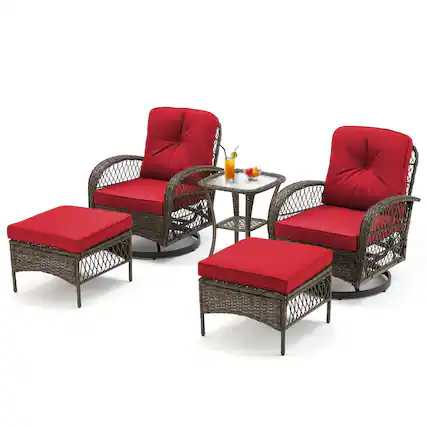 Front. U-HOMY - 360° Swivel Rocking Patio Chairs with Cushions & Tempered Glass Table, Wicker Conversation Set, 5-Piece - Red.