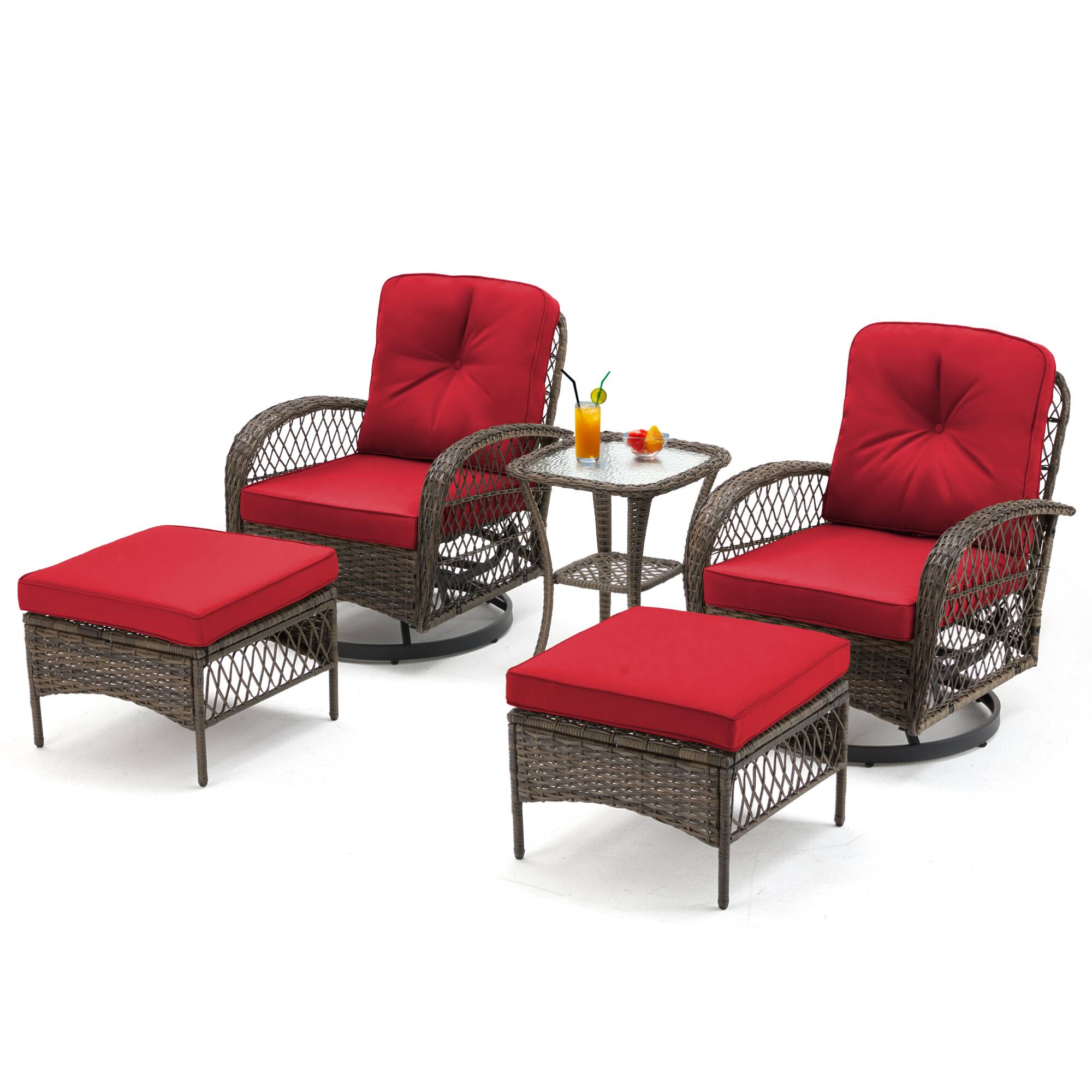 Front. U-HOMY - 360° Swivel Rocking Patio Chairs with Cushions & Tempered Glass Table, Wicker Conversation Set, 5-Piece - Red.