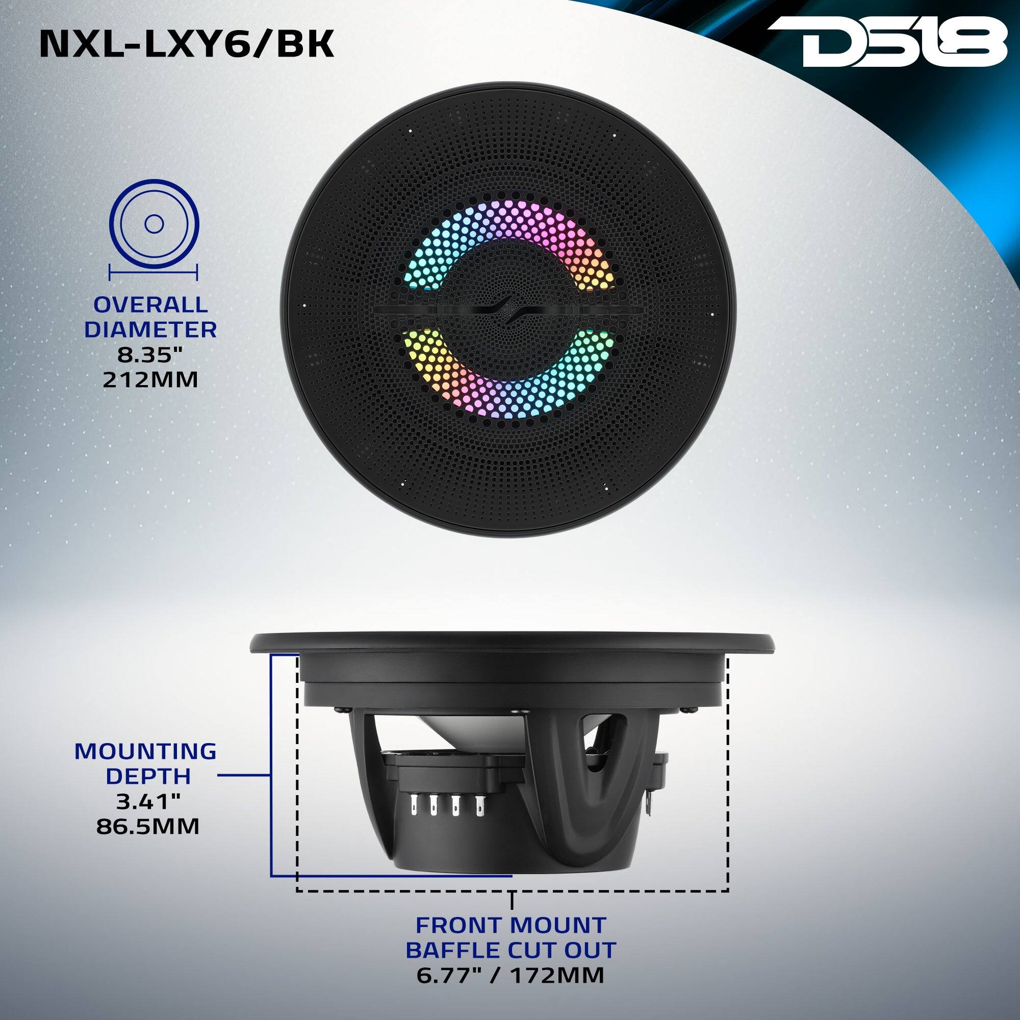 NXL-LXY6/BK  
D518  
OVERALL DIAMETER 8.35" 212MM  
MOUNTING DEPTH 3.41" 86.5MM  
FRONT MOUNT BAFFLE CUT OUT 6.77" / 172MM