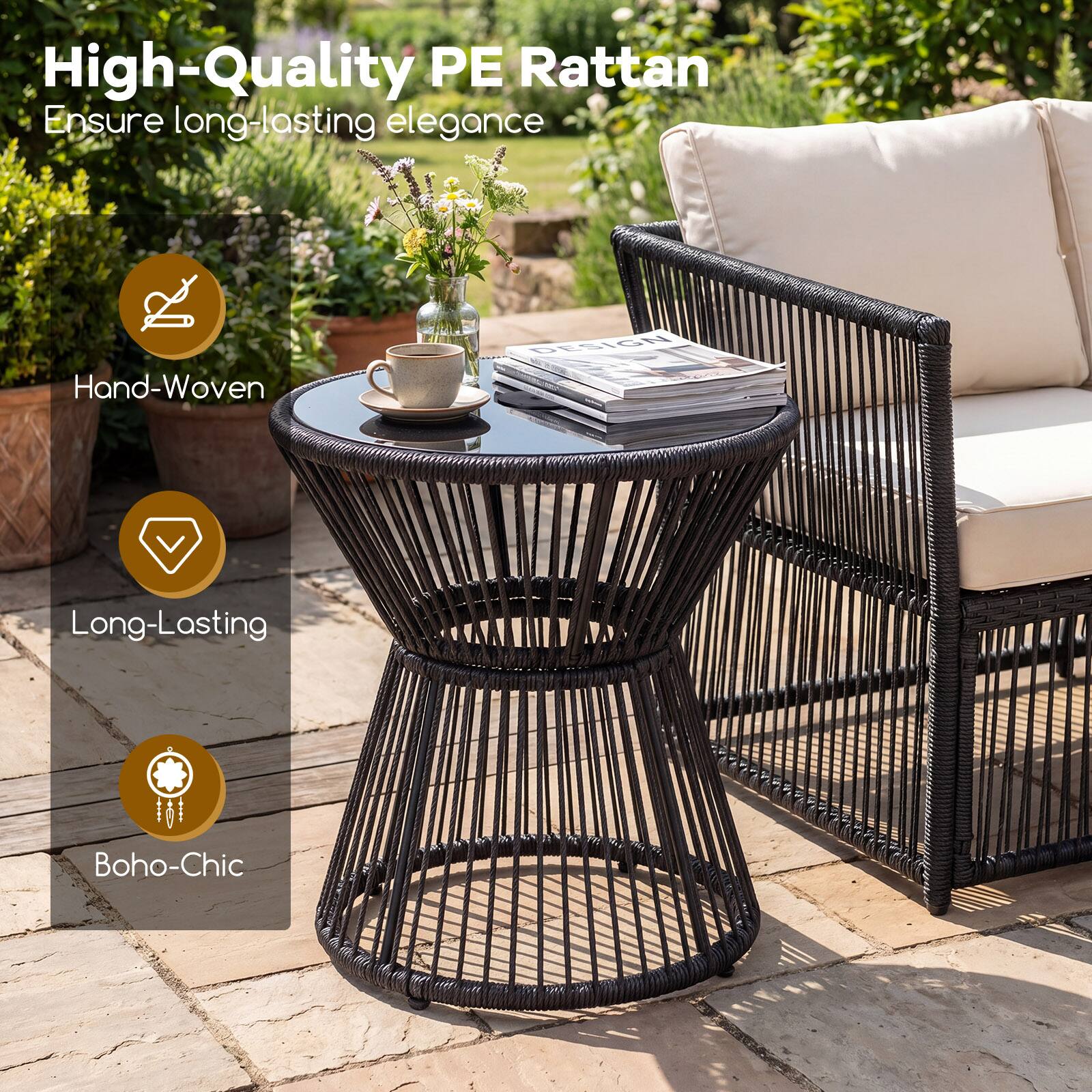 High-Quality PE Rattan  
Ensure long-lasting elegance  

- Hand-Woven  
- Long-Lasting  
- Boho-Chic