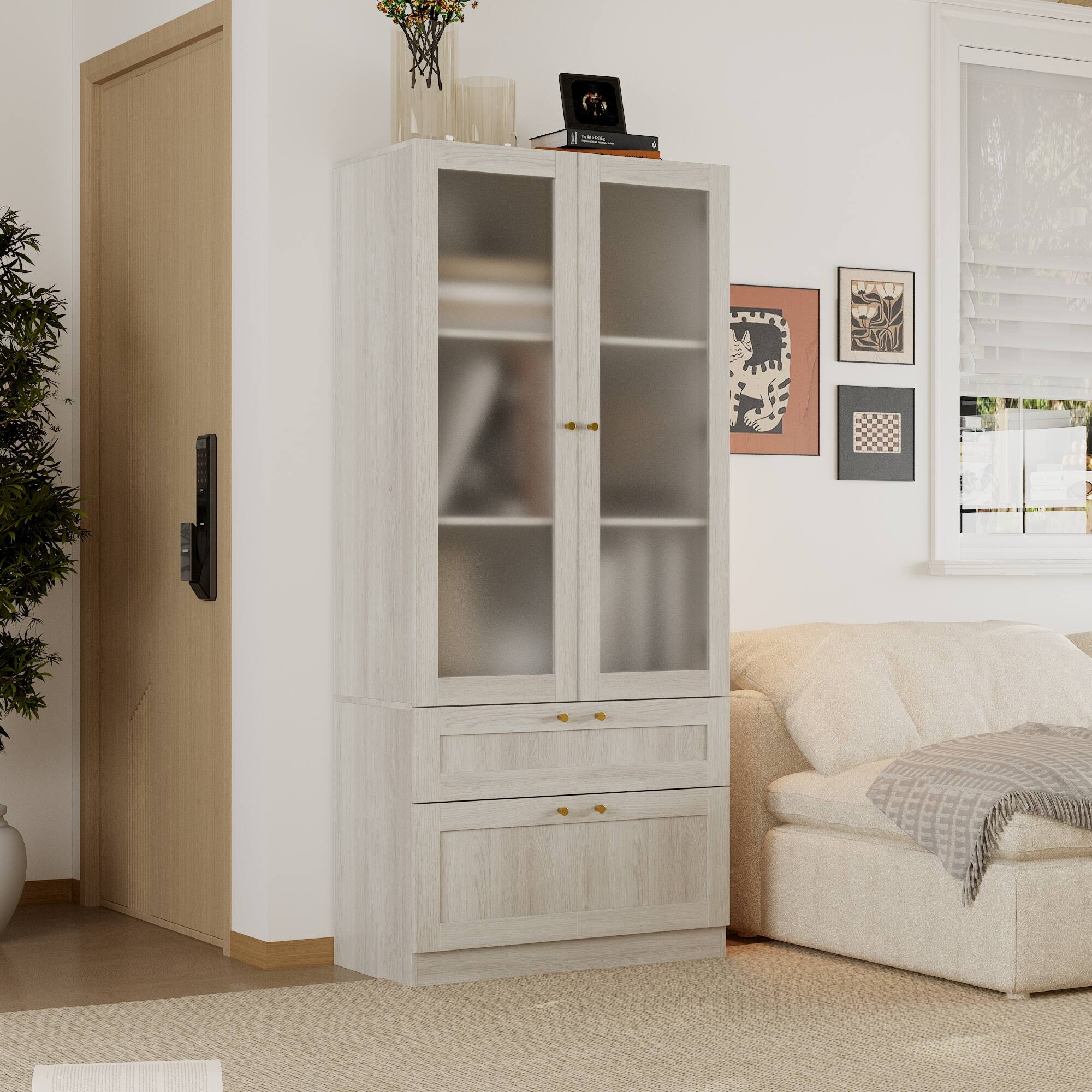 Back. Famapy - Frosted Tempered Glass Bookcase with Adjustable Shelves and Drawers Modern Storage Cabinet for Living Room - Light Gray.