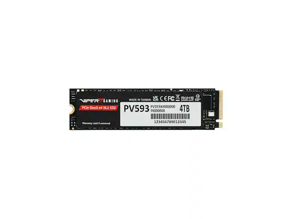 UK ROHS NIPER GAMING MADE IN TAIWAN CA EFC COMPLIANT 14:00:2019 RABEN PCle Gen5 x4 M.2 SSD PV593XX000000 PV593 9S000000 4TB
Warranty void if removed
123456789012345