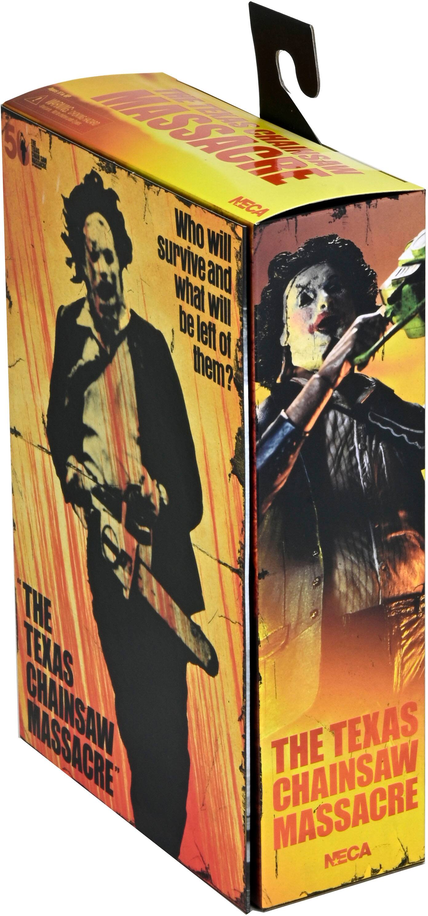 The Texas Chainsaw Massacre is a horror movie that features a man holding a chainsaw. The image shows a box with a man holding a chainsaw on the front, and the words "The Texas Chainsaw Massacre" written on the box. The box also has a picture of a man holding a chainsaw on it.