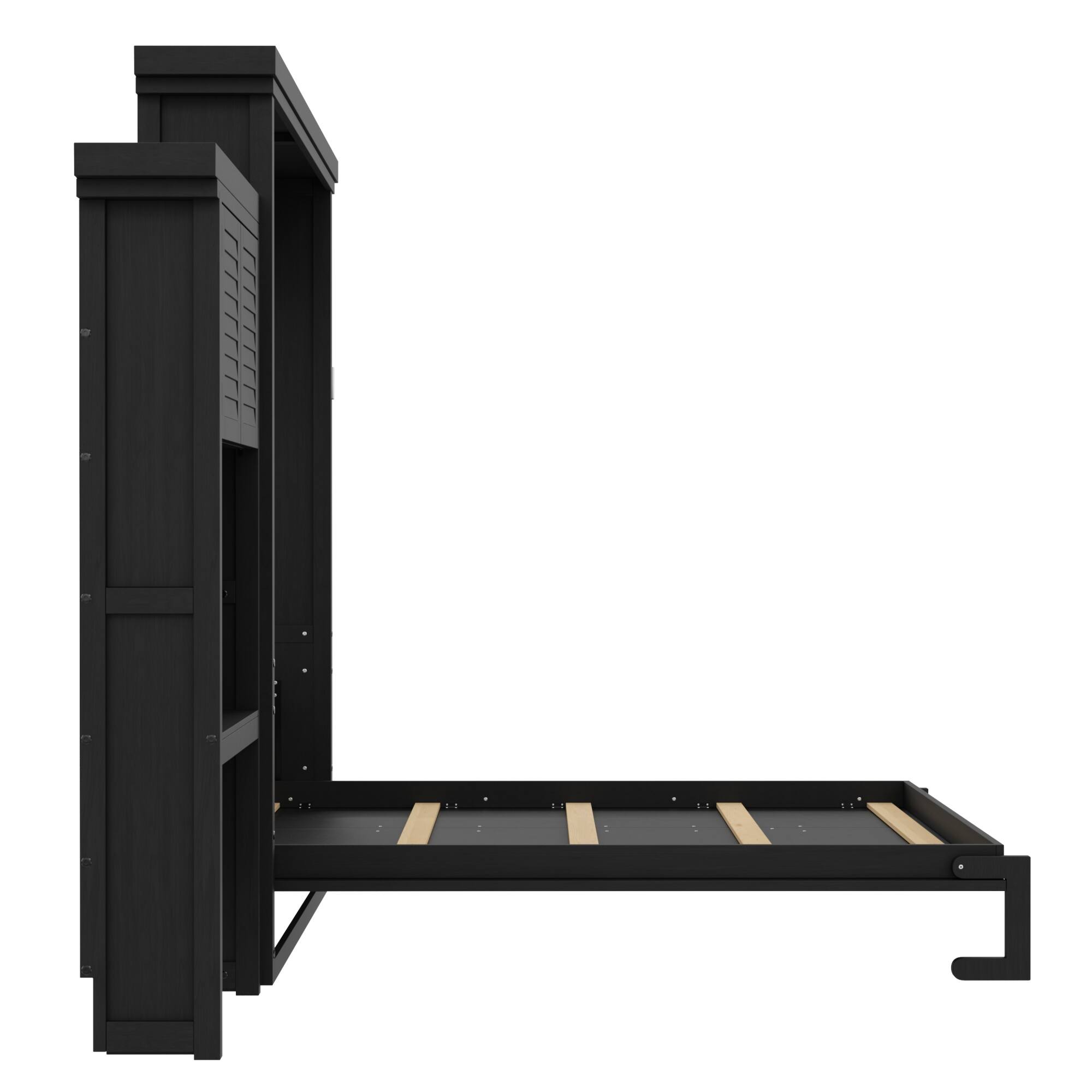 Alt View 1. Whisen - Queen Size Murphy Bed, Space-Saving Folding Bed Frame with Integrated Storage Shelves, Louvered Design - Black.