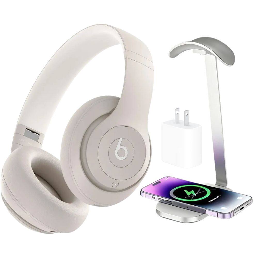 Front. Beats - Beats - Studio Pro - Wireless Noise Cancelling Headphones - Sandstone + Power Adapter & Headphone Stand/Charging Pad.