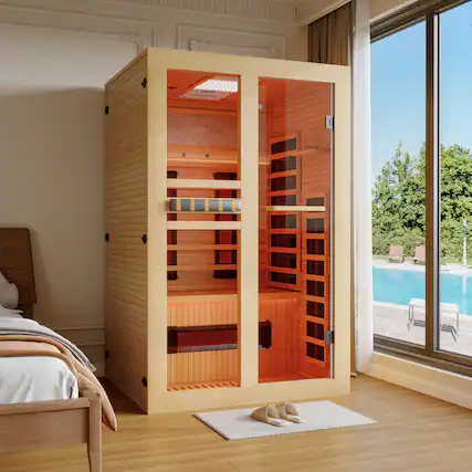 Front. U-HOMY - Premium 2-Person Canadian Hemlock Infrared Sauna with Red Light Therapy - Wood Color.