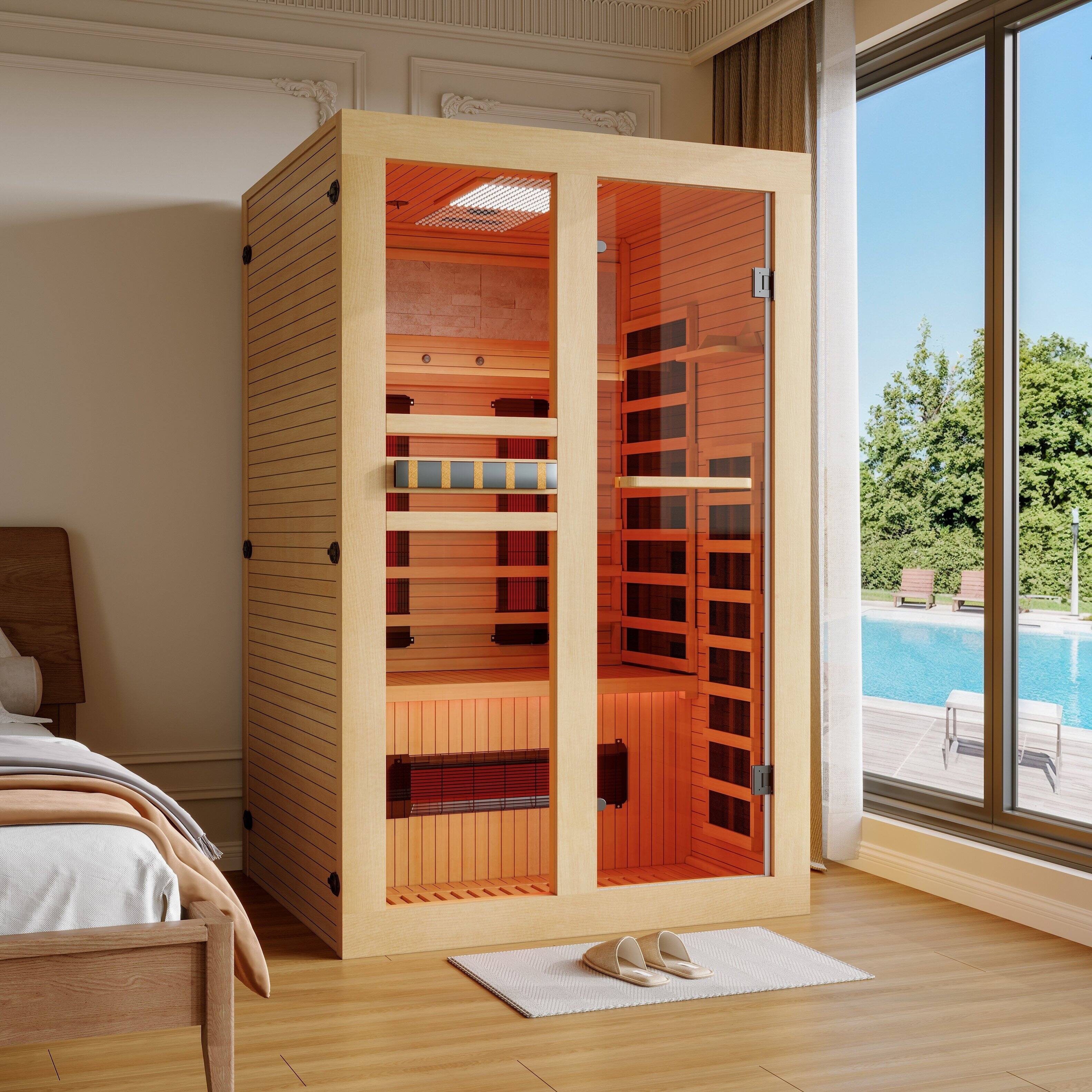 Angle. U-HOMY - Premium 2-Person Canadian Hemlock Infrared Sauna with Red Light Therapy - Wood Color.