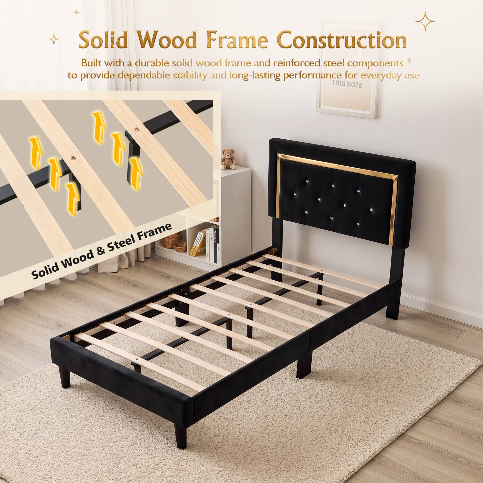 Solid Wood Frame Construction  
Built with a durable solid wood frame and reinforced steel components to provide dependable stability and long-lasting performance for everyday use  

THIS BOTE  
Frame & Steel Wood Solid