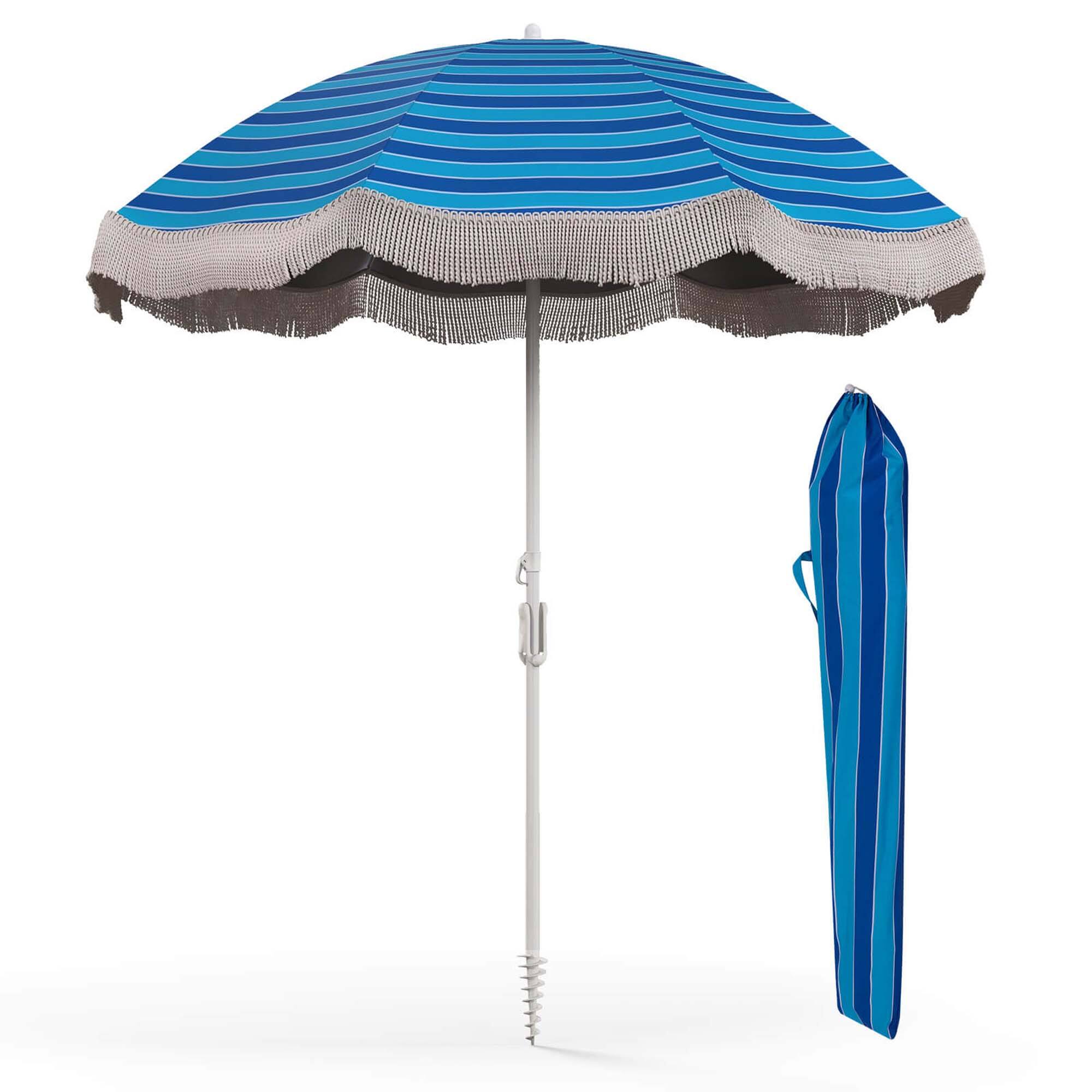 Front. Costway - 6.5 FT Outdoor Fringe Patio Umbrella with Carrying Bag Push Button Tilt for Garden - Navy.
