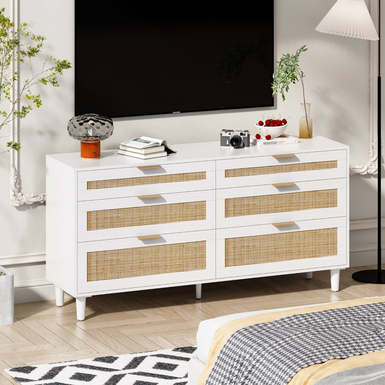 Back. Lirago - White Rattan Accent Cabinet with 6 Drawers 15.75"D x 59.06" W x 29.53" H - White.