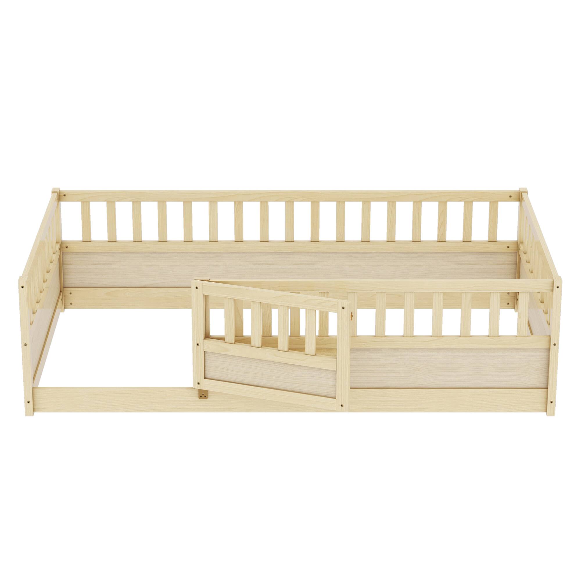 Alt View 4. GOODSILO - Twin Size Floor Bed with Safety Barrier and Door for Children, Montessori Inspired Wooden Frame - Natural Wood.