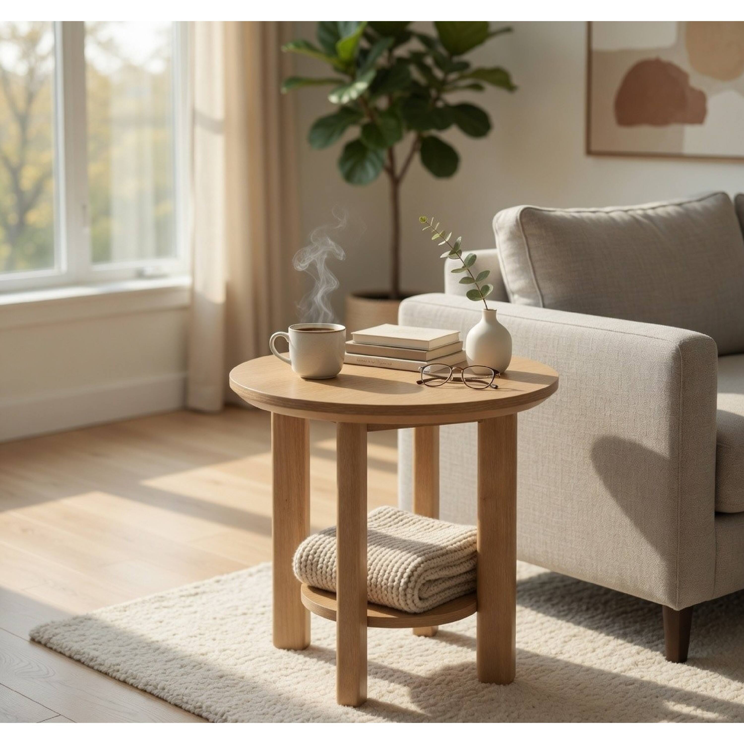 Alt View 7. Manhattan Lane - Clera Round Side End Table with Open Shelf, Wood 22Inch - Light Oak Brown.