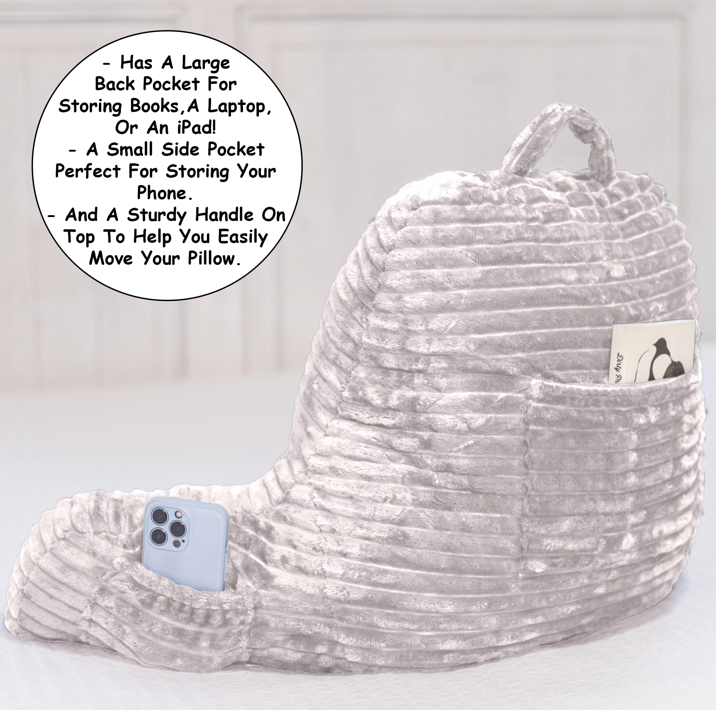 - Has a large back pocket for storing books, a laptop, or an iPad!
- A small side pocket perfect for storing your phone.
- And a sturdy handle on top to help you easily move your pillow.