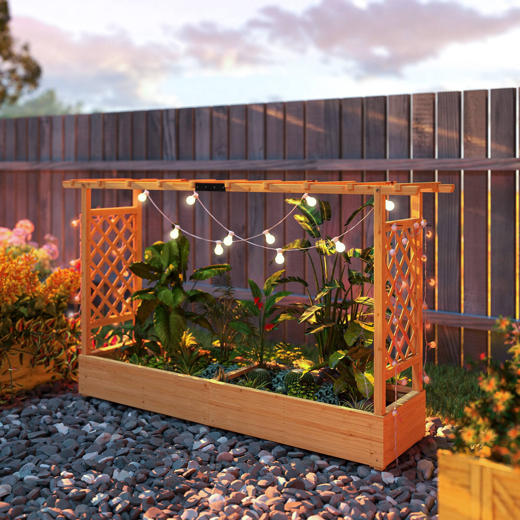 Alt View 8. Outsunny - Raised Garden Bed with Trellis, Wooden Planter Box with Hanging Roof and Drainage Holes.
