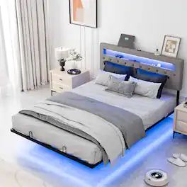 Winado - Queen Metal Modern Floating Platform Bed Frame Adjustable Headboard,Charging Station/LED Lights,No Box Spring Needed - Gray