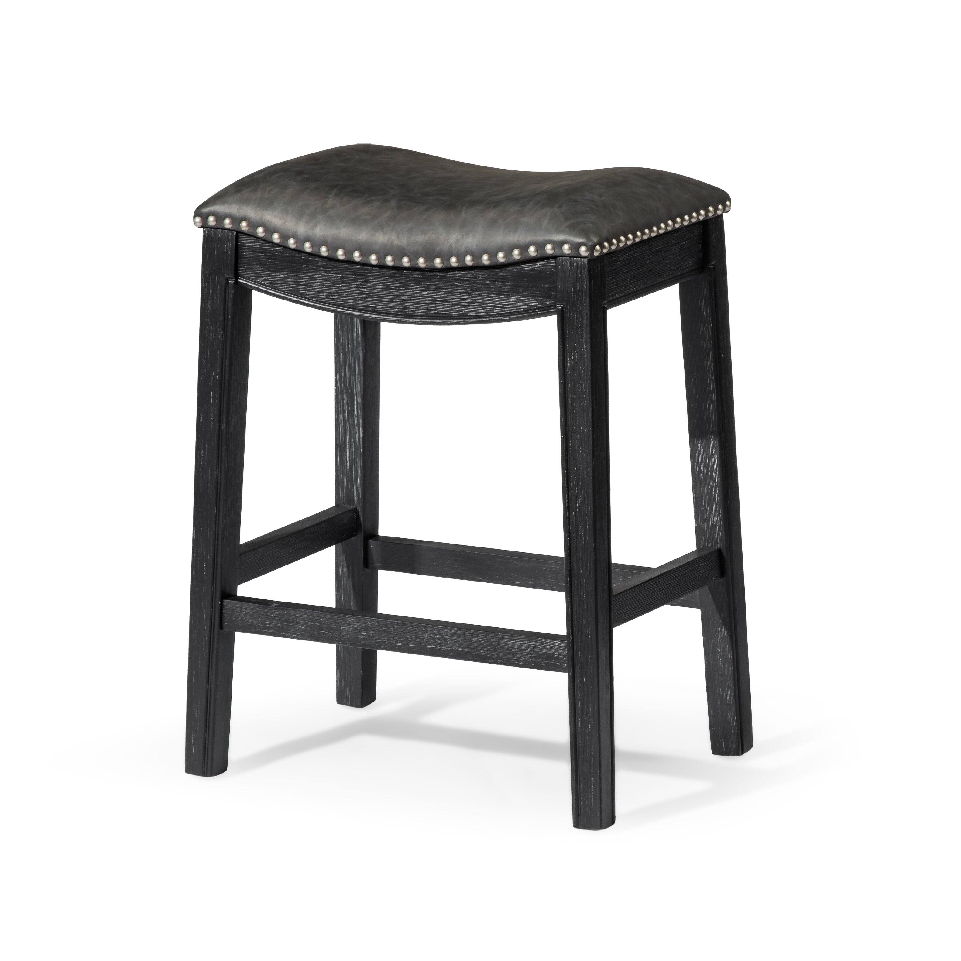Front. Maven Lane - 26" Adrien Saddle Counter Stool In Aged Black Finish With Vegan Leather - Aged Black.