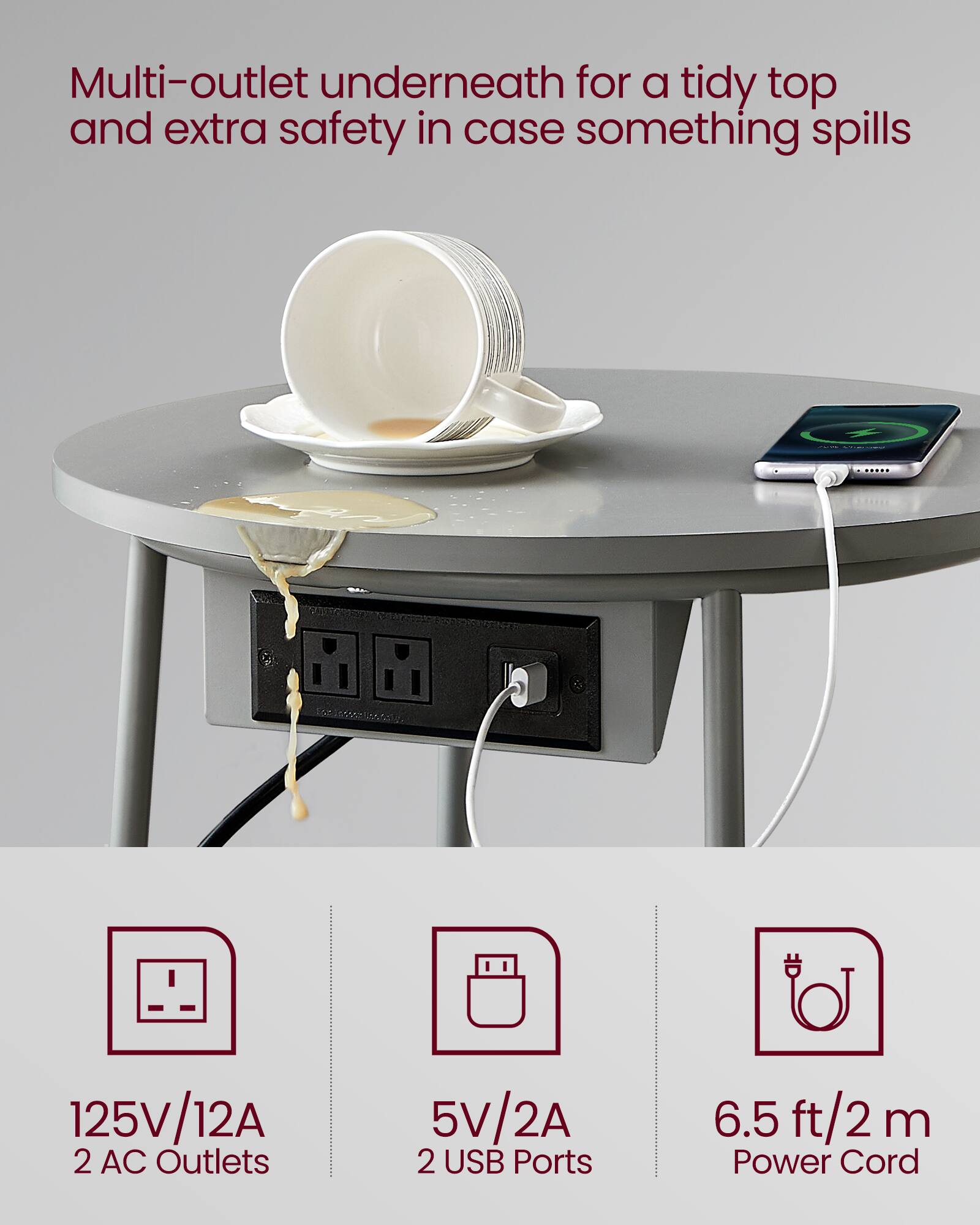 Multi-outlet underneath for a tidy top and extra safety in case something spills

125V/12A  
2 AC Outlets

5V/2A  
2 USB Ports

6.5 ft/2 m  
Power Cord