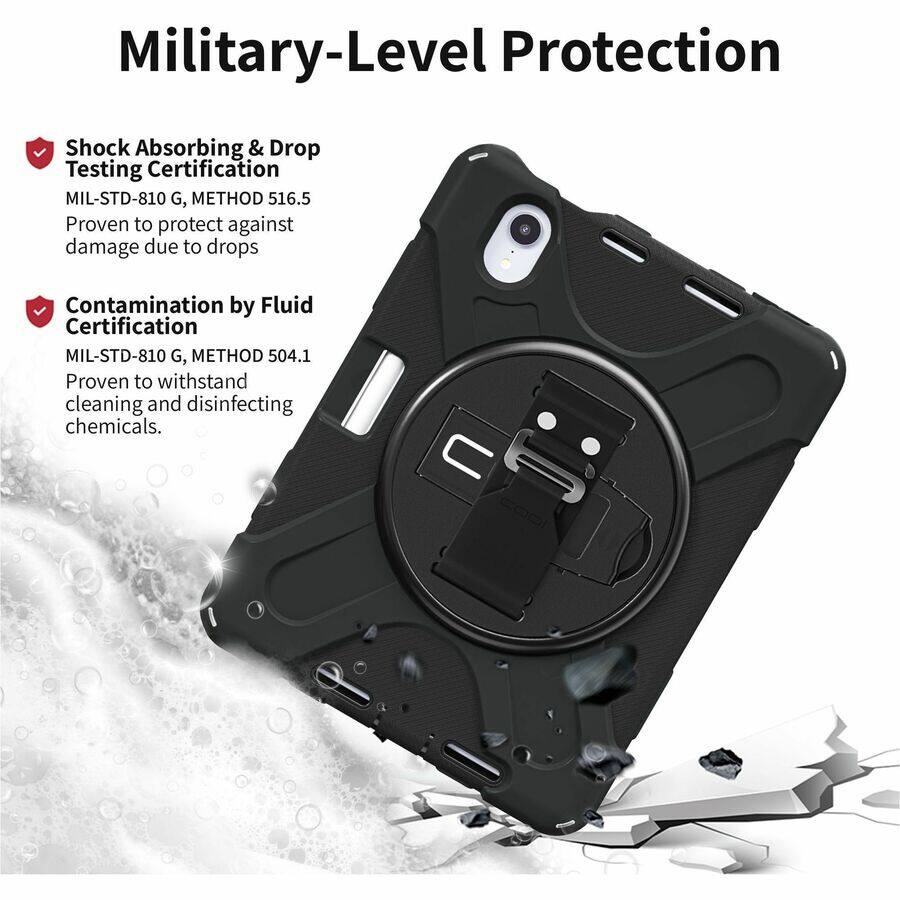 Military-Level Protection

- Shock Absorbing & Drop Testing Certification  
  MIL-STD-810 G, METHOD 516.5  
  Proven to protect against damage due to drops

- Contamination by Fluid Certification  
  MIL-STD-810 G, METHOD 504.1  
  Proven to withstand cleaning and disinfecting chemicals.