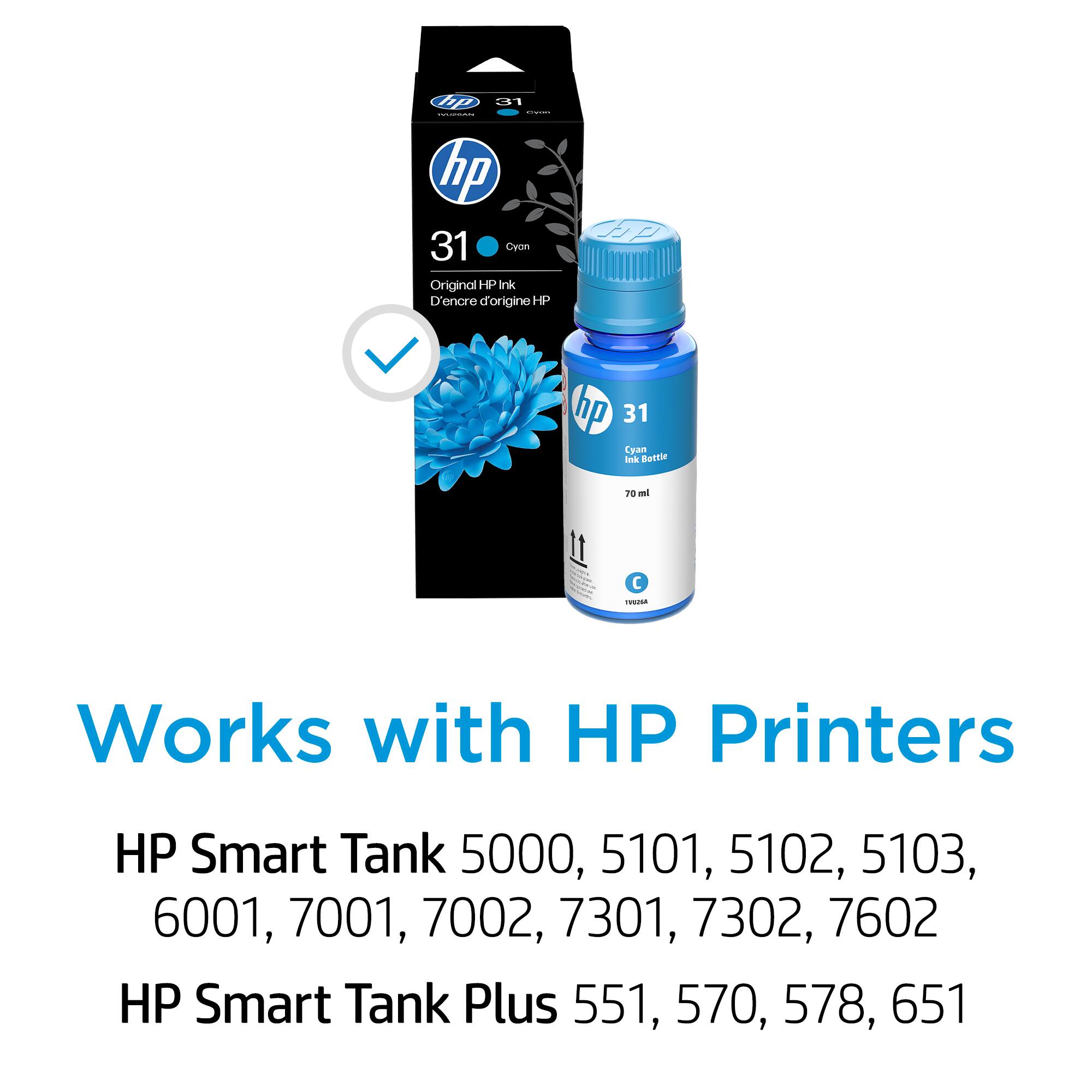 HP 31 Cyan Original HP Ink D'encre d'origine HP Ink Bottle 70 ml

Works with HP Printers

HP Smart Tank 5000, 5101, 5102, 5103, 6001, 7001, 7002, 7301, 7302, 7602

HP Smart Tank Plus 551, 570, 578, 651