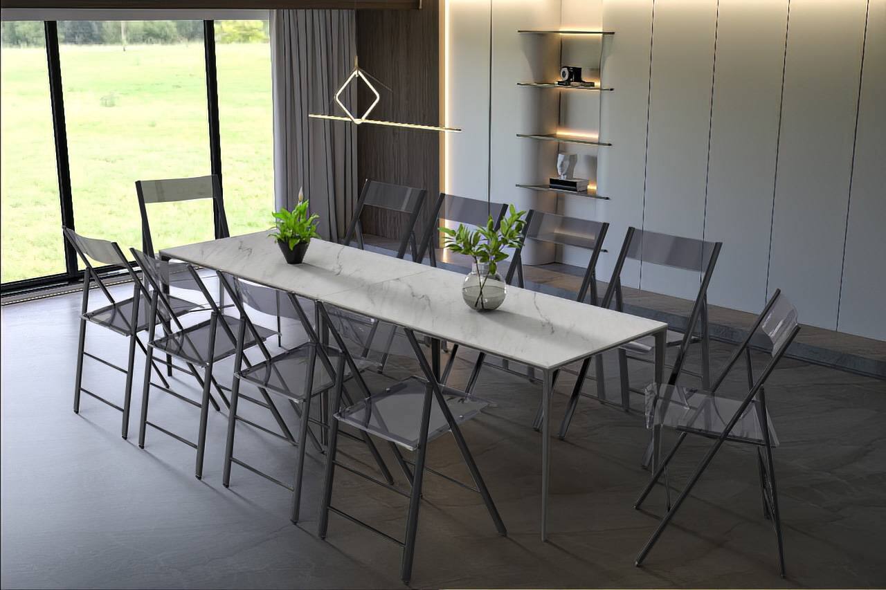 Angle. LeisureMod - Menno Solid Black Folding Acrylic Dining Chair - UV Resistant & Portable - Single.