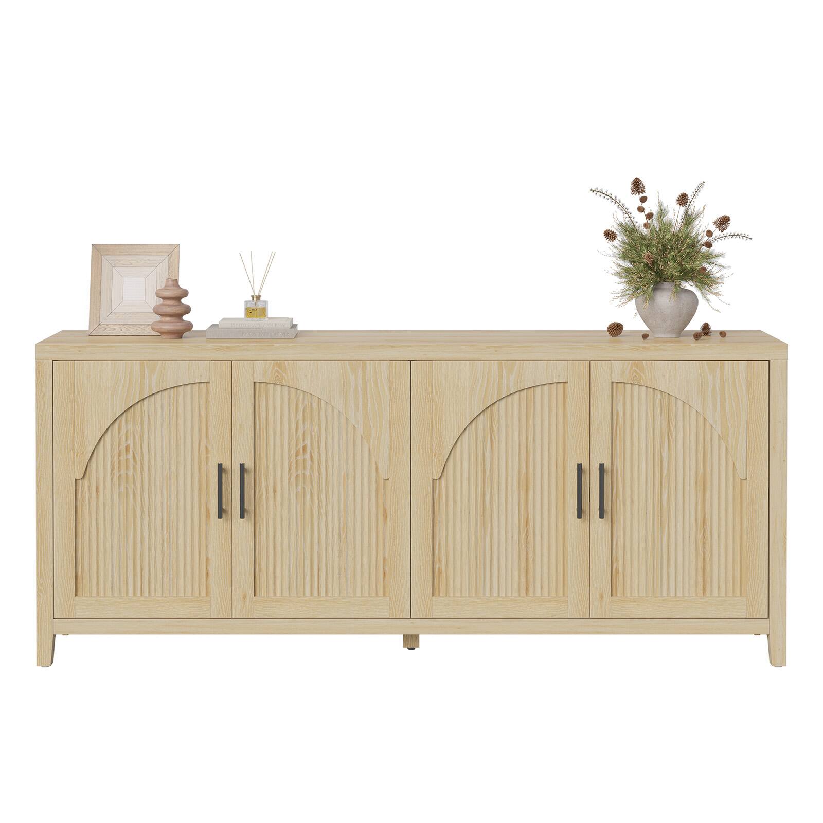 Angle. Bestier - 70" Modern TV Stand for TVs up to 75", Wood Media Console with 4 Fluted Curved Doors - Natual Oak.