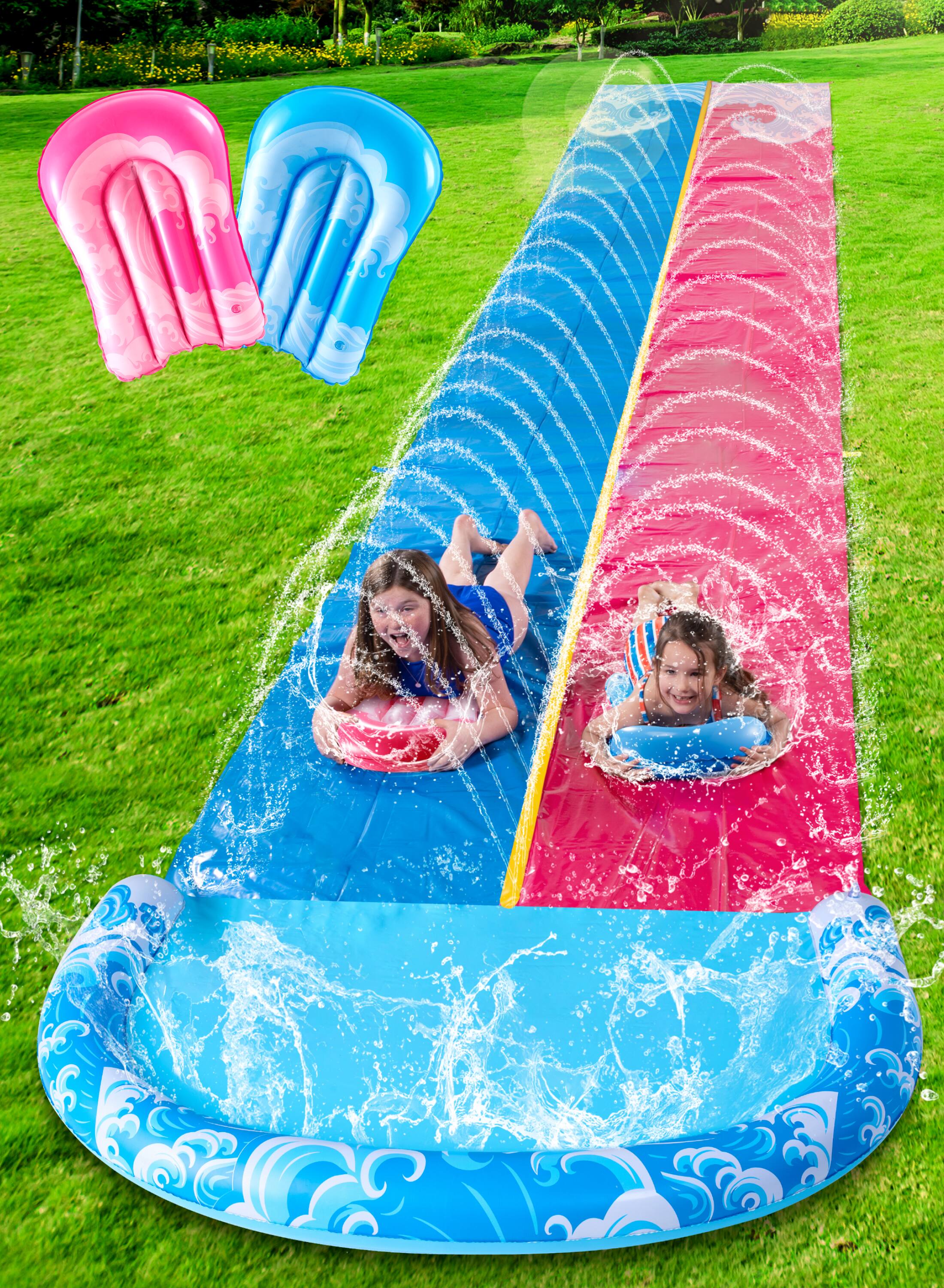 Joyfy - 32.5ft Slip Water Slide with 2 Inflatable Boards, Summer Double Lawn Water Slip with Sprinkler, Splash Mat Blue Pink