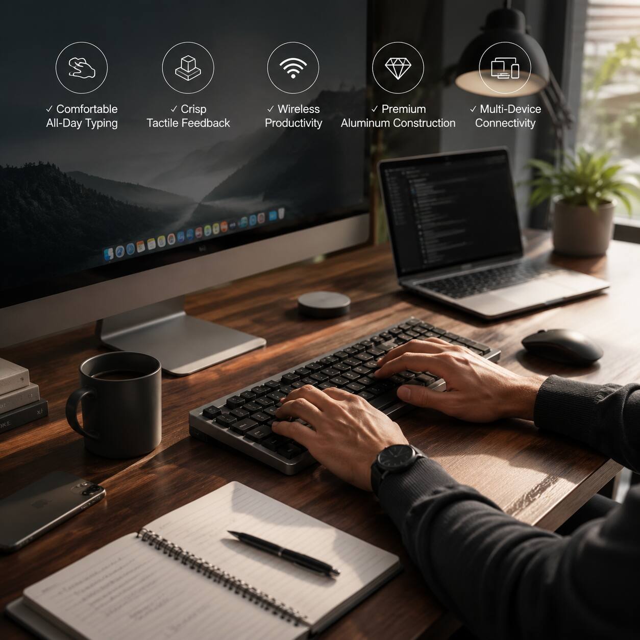 Comfortable All-Day Typing  
Crisp Tactile Feedback  
Wireless Productivity  
Premium Aluminum Construction  
Multi-Device Connectivity