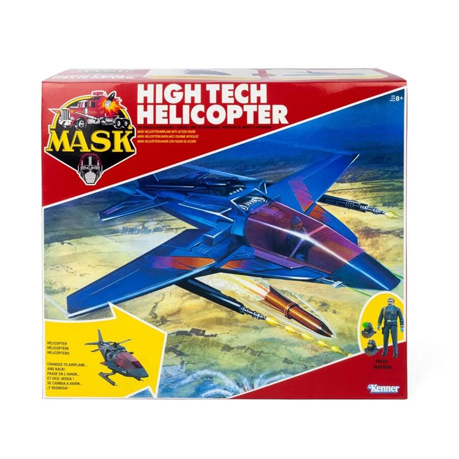 HIGH TECH HELICOPTER  
MASK  

HIGH HELICOPTER  
HELICOPTER  
HELICOPTERE  
HELICOPTERO  

CHANGES TO AIRPLANE  
AND BACK  
CAMBIA A AVION...  
ET VICE-VERSA...  
ET REGRESA!  

MILES MATHEM  
Kenner