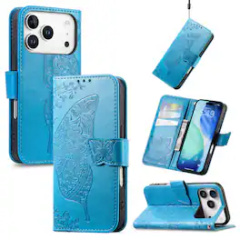 Dteck - Wallet Case for Apple iPhone 18 Pro Max, Embossed Butterfly Pattern Leather Card Slots Flip Stand Cover+Strap - Blue