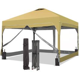 Ainfox - 12x12 Pop Up Canopy Tent with One Push Setup, Easy Setup Gazebo with 4 PVC Transparent Sidewalls - Khaki