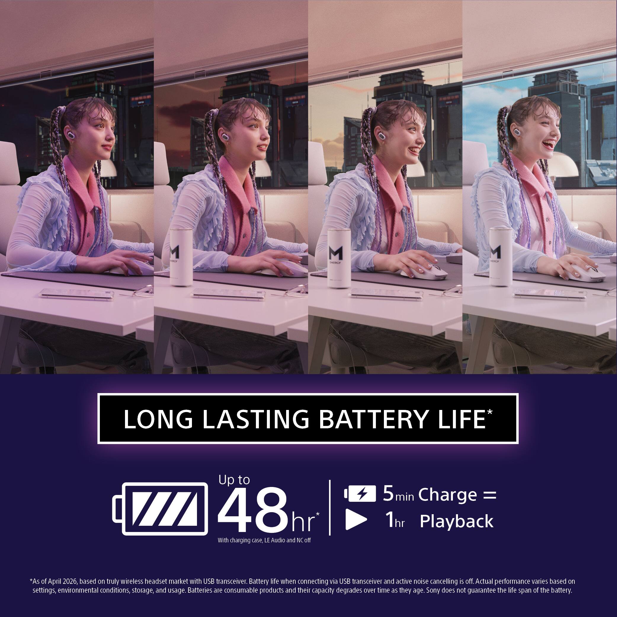 M - LONG LASTING BATTERY LIFE*  
Up to 48hr With charging case LE Audio and NC  
5min Charge = 1hr Playback  
*As of April 2026, based on truly wireless headset market with USB transceiver. Battery life when connecting a USB transceiver and active noise cancelling is off. Actual performance varies based on settings, environmental conditions, storage, and usage. Batteries are consumable products and their capacity degrades over time as they age. Sony does not guarantee the life span of the battery.
