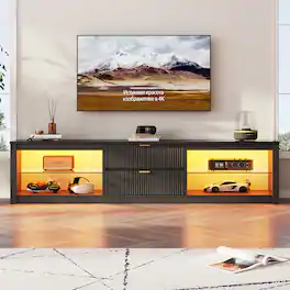 Bestier - 80 Inch Modern LED TV Stand for 75-85" TV, 2 Drawer Entertainment Center with Open Storage Shelves - Glossy Black