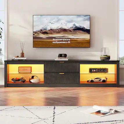 Front. Bestier - Modern LED TV Stand for 75-85" TV, 2 Drawer Entertainment Center with Open Storage Shelves for Living Room - Glossy Black.