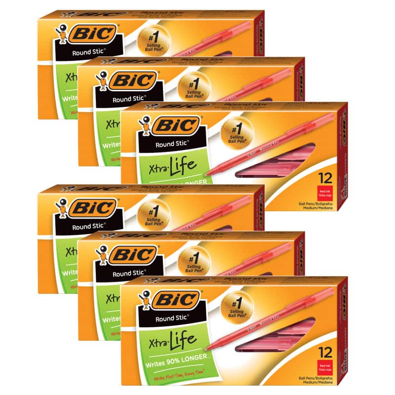 BIC - Round Stic Pen, Medium Point, Red, 12 Per Pack, 6 Packs