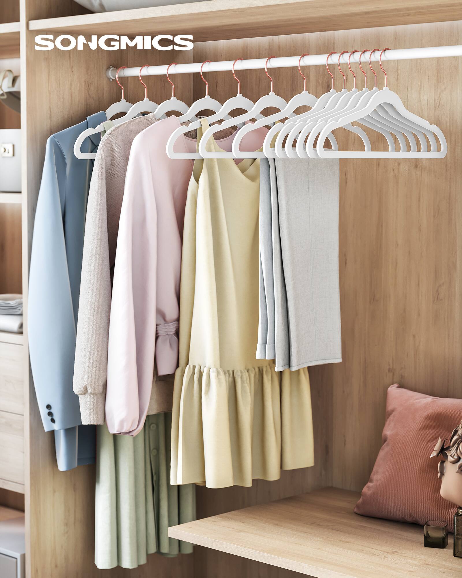 Angle. Songmics Home - Velvet Hangers, Non-Slip Hanger, Rose Gold Color Swivel Hook, 30-Pack - White.