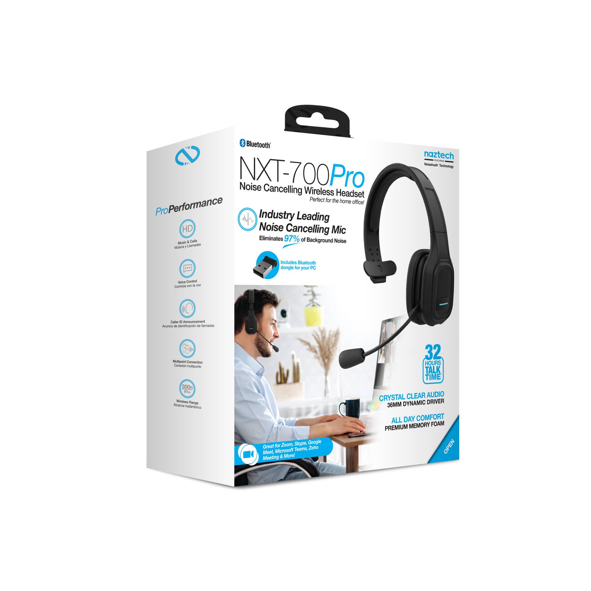 1 Bluetooth NXT-700Pro Noise Cancelling Wireless Headset Perfect for the home office ProPerformance Industry Leading HD Noise Cancelling Mic - Eliminates 97% of Background Noise - naztech - Includes Bluetooth dongle to connect to PC - 300+ mAh Battery - 32 HOURS TALK TIME - CRYSTAL CLEAR AUDIO - 36MM DYNAMIC DRIVER - ALL DAY COMFORT - PREMIUM MEMORY FOAM