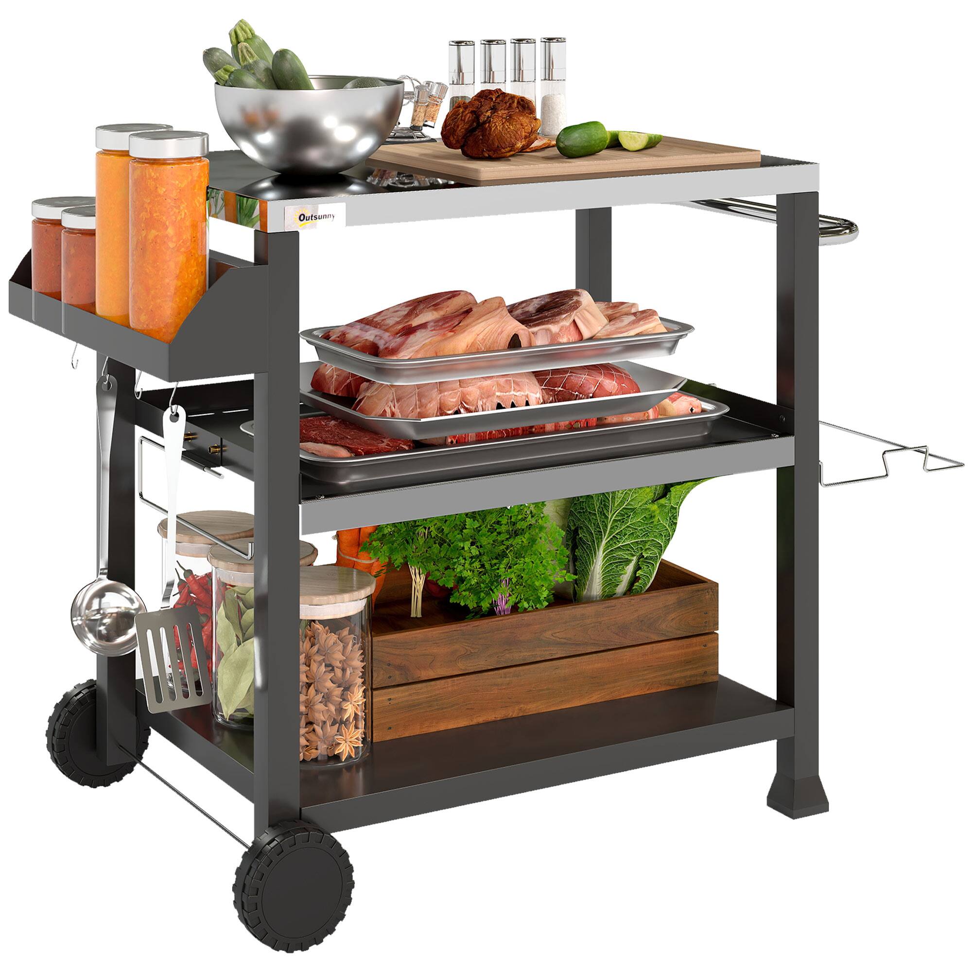 Front. Outsunny - Three-Shelf Outdoor Grill Cart with Stainless Steel Tabletop, Side Handle, 32" x 20.5" Multifunctional Pizza Oven Stand - Black.